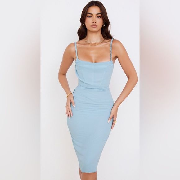 House of CB Dresses & Skirts - NEW House of CB JAMILLE BABY BLUE DRAPED CORSET MIDI DRESS